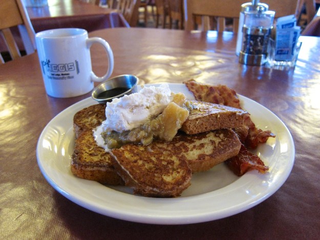 Oh-my-god rhubarb pineapple French toast at Cafe Regis in Red Lodge, Montana