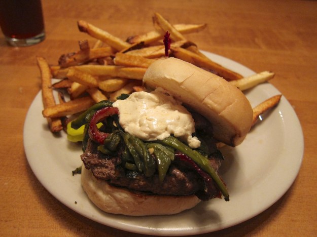 A juicy date night burger, by myself, at Mountain Sun Pub, Boulder