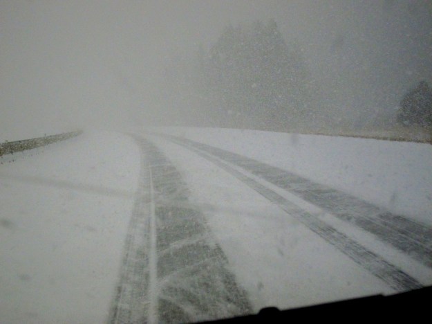 More than 1,000 kilometres later, the tire survives this April snowstorm north of Butte, Montana