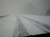 More than 1,000 kilometres later, the tire survives this April snowstorm north of Butte, Montana