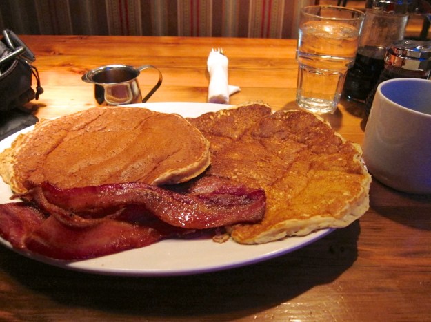 Buttermilk and orange pancakes and bacon at Pocketstone Cafe. Mmm!