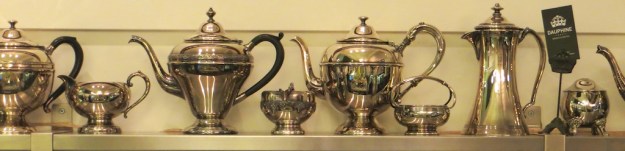 There are lovely antiques like this collection of silver teapots and sugar bowls at Dauphine Bakery & Bistro