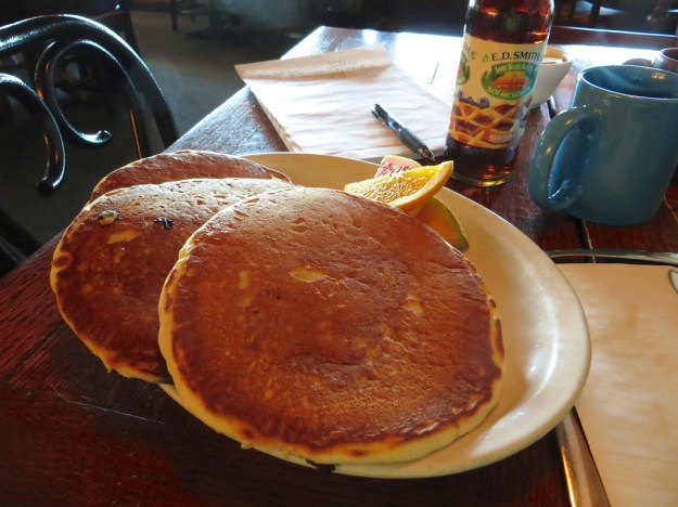 Mmm! Blueberry pancakes hot off the griddle at Highlevel Diner