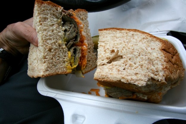 Where's the roast beef? Buried inside these massive slabs of French bread at the Brooks Hotel