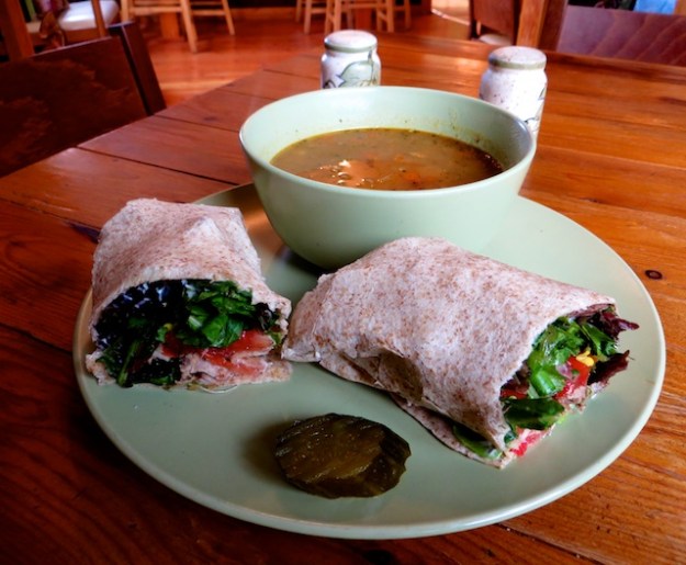 Excellent roasted root soup and pork tenderloin wrap at Crowsnest Cafe