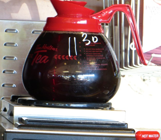 At Tim's, a fresh pot of coffee is marked with the time and pitched after 20 minutes