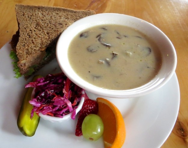 Fabulous home-cooked meatloaf sandwich and cream of mushroom soup