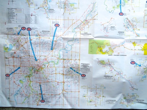 The back of Alberta's road map shows detailed maps of every city and major resort community