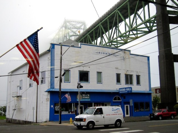An all-American view out the window of Three Cups Coffee House in Astoria, Oregon