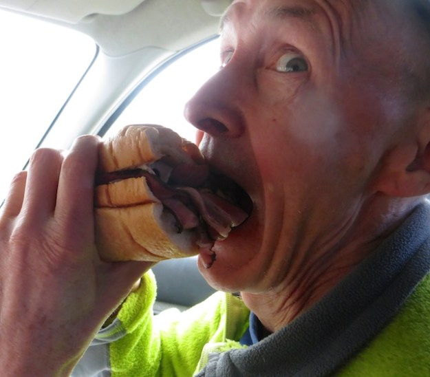Face stuffing pastrami at Spero's House of BBQ in Malad City, Idaho