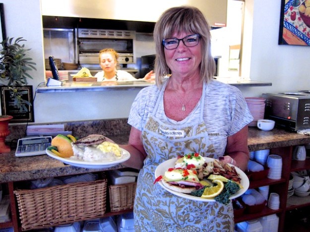 Owner Deborah Nelson displays breakfast plates at Courtyard Cafe & Bakery in Fallon, Nevada