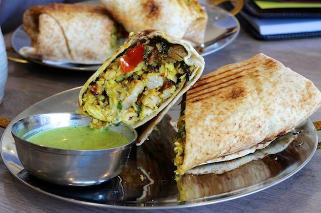 A filling, spicy chicken wrap with a nice dipping sauce