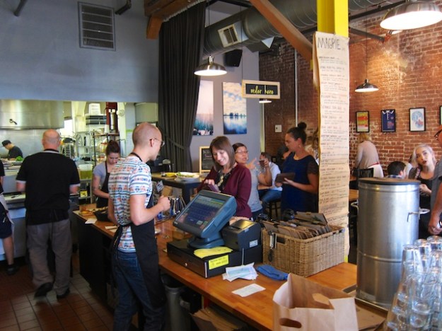 People lining up for fabulous sandwiches and salads at lovely Magpie Cafe