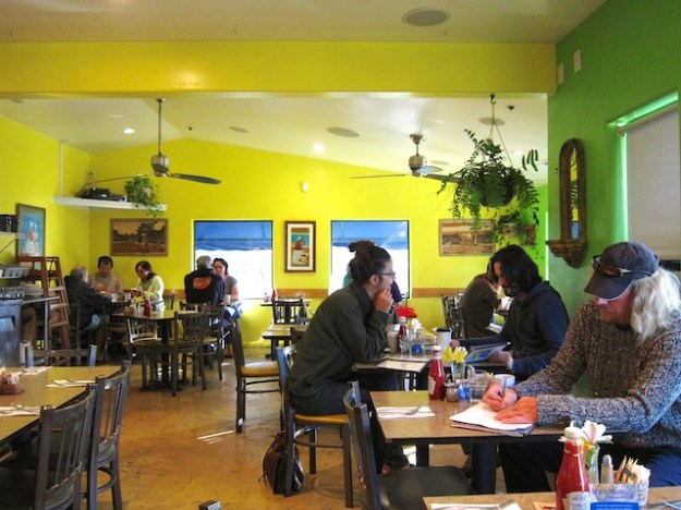 The colours are brilliant and the menu is eclectic at Cafe Brasil in Santa Cruz, California
