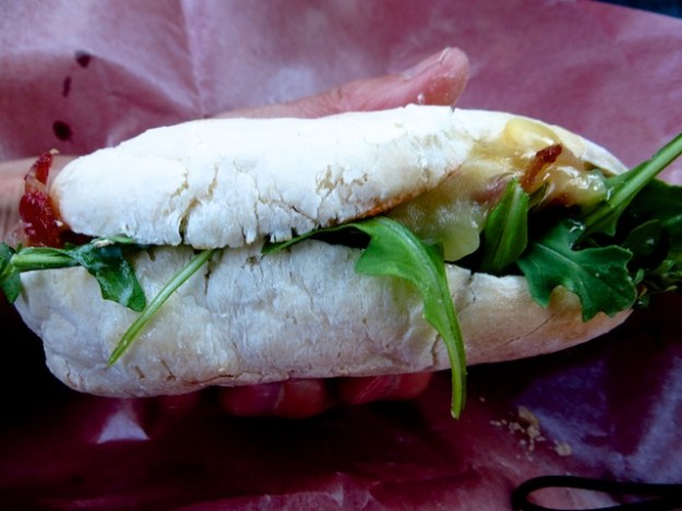 A fabulous egg and bacon sandwich on Portuguese, with a tomato jam kicker