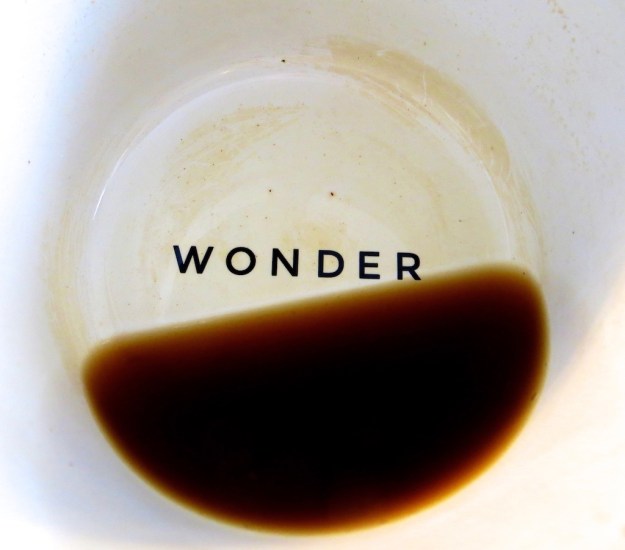 Words at the bottom of the enamel mugs are one of the many nice touches at Calgary's Monogram Coffee.