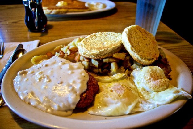 Delicious chicken-fried steak and boatload of grilled potatoes