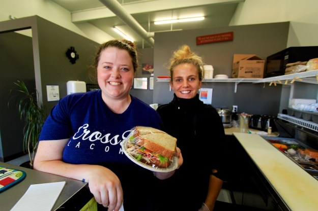 The woman in black is the sandwich magician at Lacombe's Eastside Eatery, assembling this beauty in under a minute