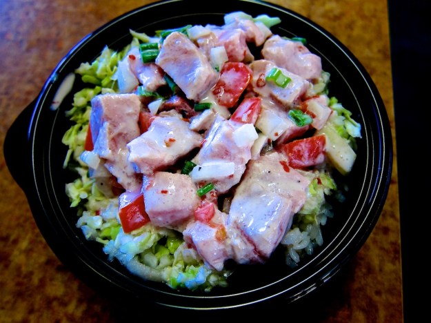 My poke bowl features yellow-fin tuna cured in lemon and lime juice